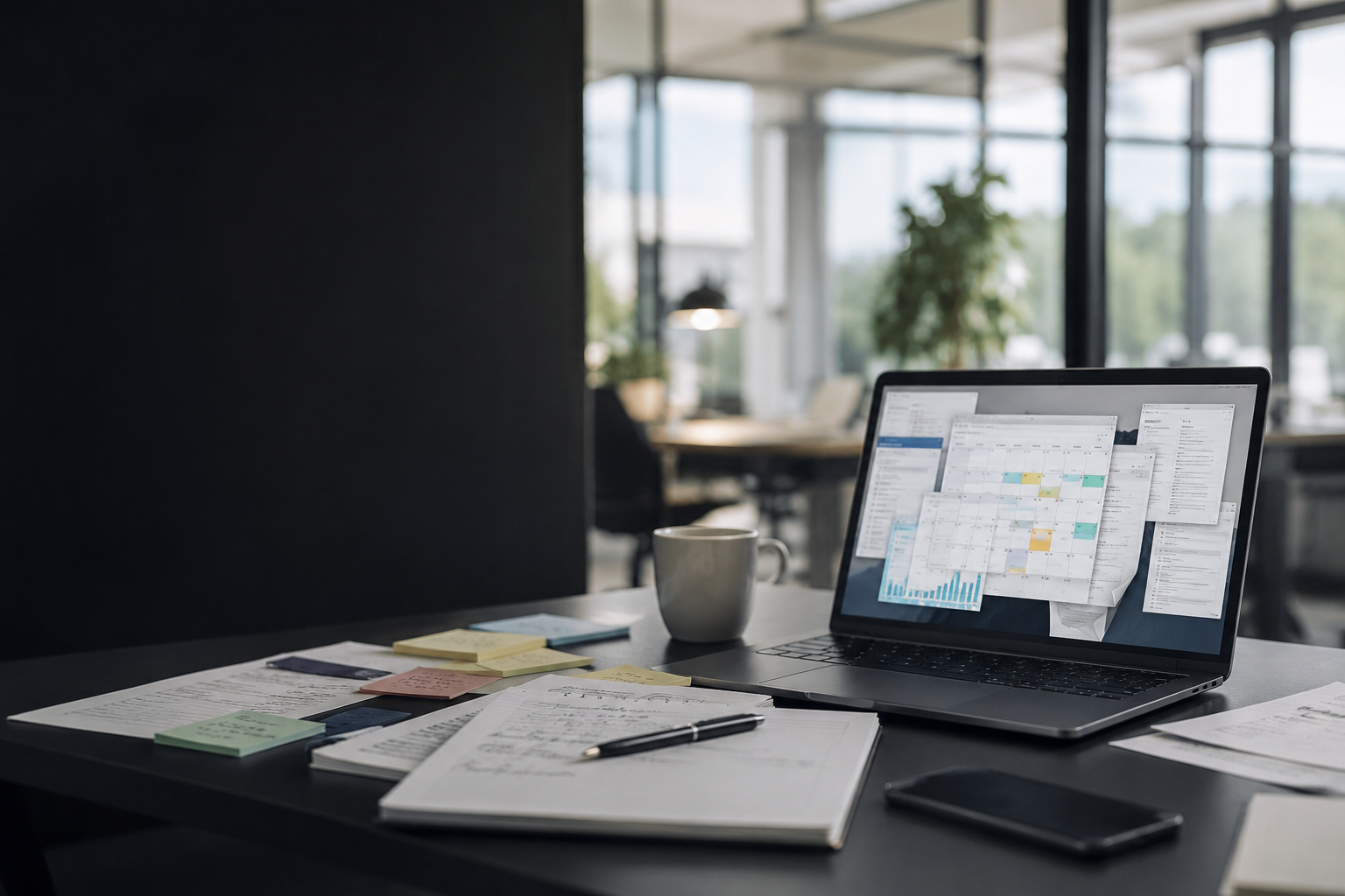 Bureau moderne avec ordinateur, notes et outils de travail illustrant la dispersion de l'attention.